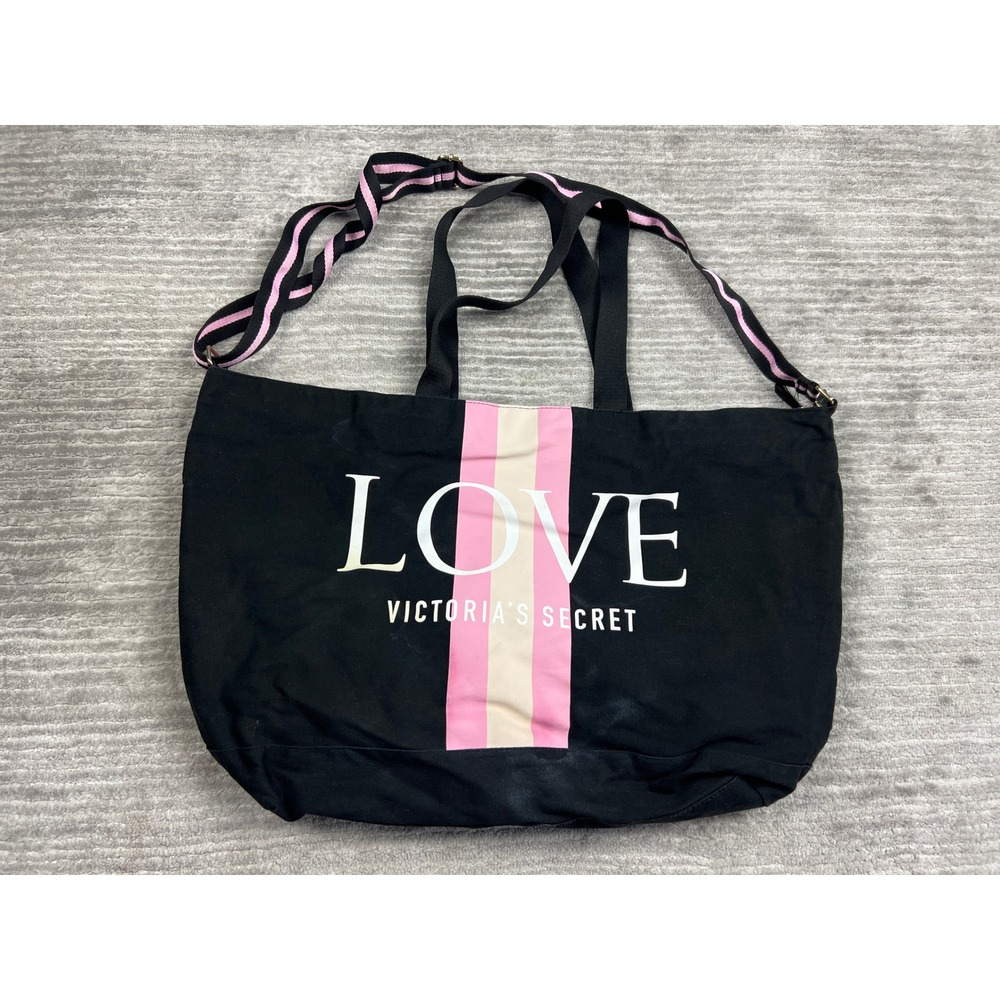 Victoria's Secret Tote Bag Womens Large Black Love Striped Canvas Zip Top Bag